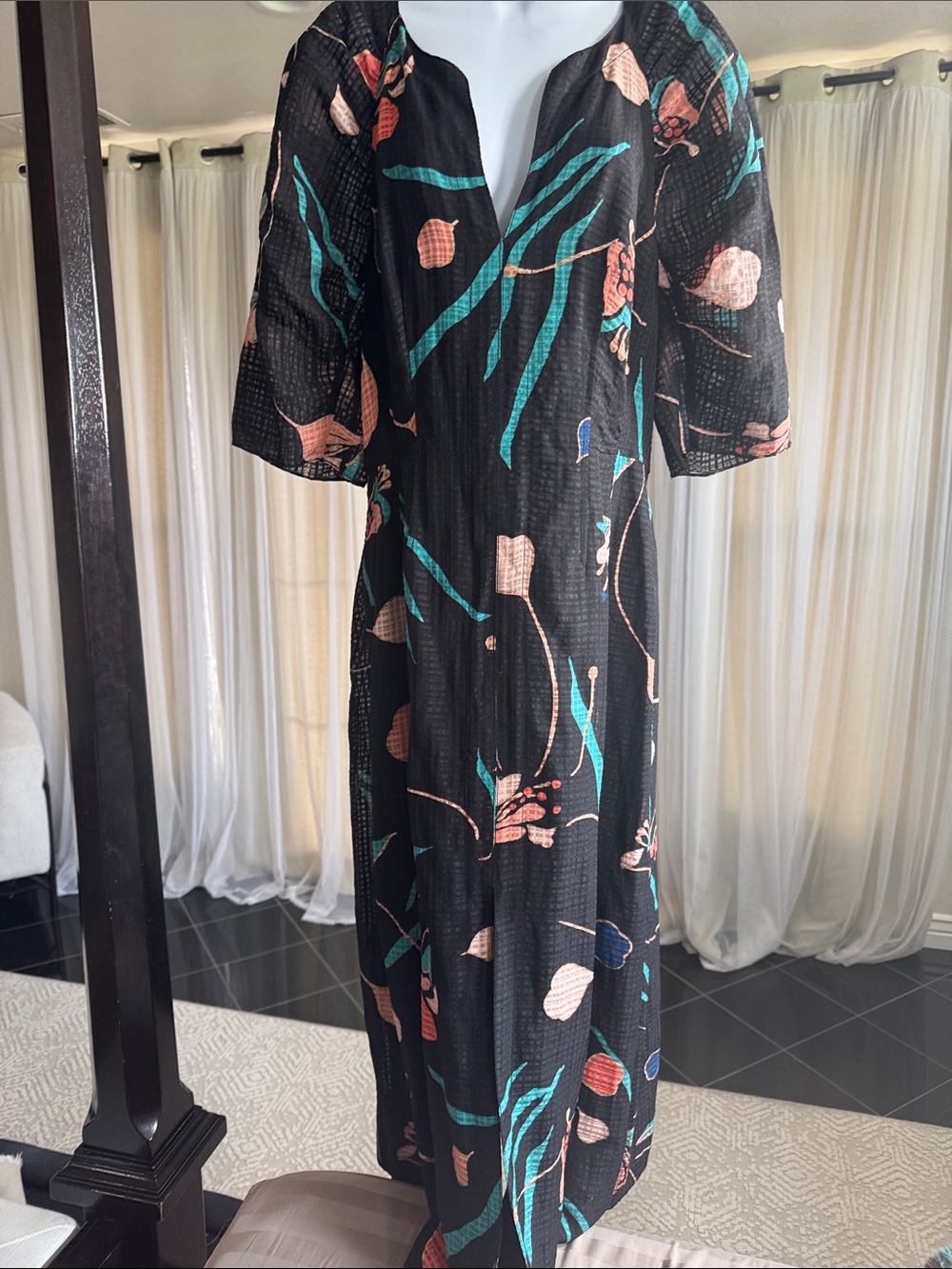 Rebecca Taylor Black Maxi Dress with Teal & Coral Floral Print